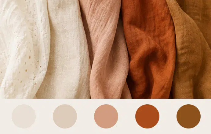 palette de couleurs écru, beige, rose poudré, terracotta et brun