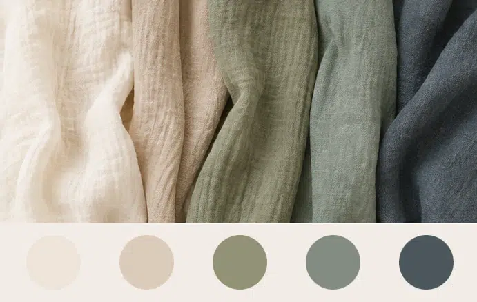 palette de couleurs écru, beige, vert olive, vert sauge et bleu ardoise